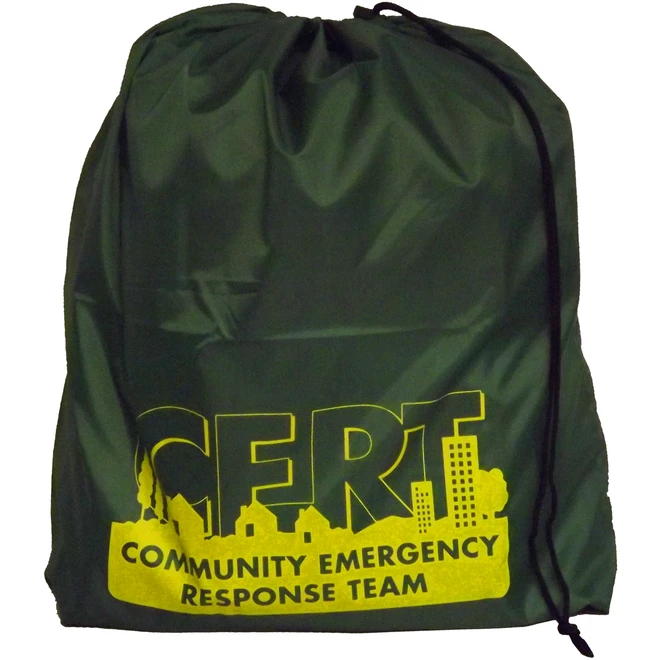 Dark green EP-FLEX drawstring bag printed with the yellow CERT Community Emergency Response Team logo