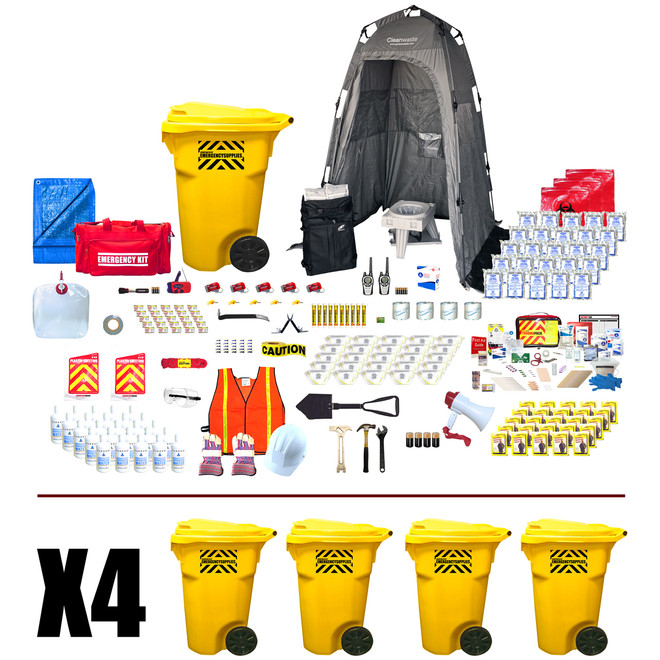 100 person Office Pro emergency kit with four wheeled containers, privacy shelter, water and supplies