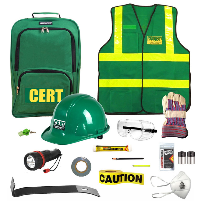 Standard CERT Kit contents: CERT backpack, safety vest, hard hat, flashlight, gloves, goggles, pry bar and caution tape