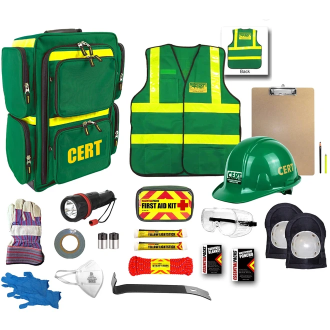 Deluxe CERT kit contents: CERT backpack, safety vest, hard hat, flashlight, first aid kit, gloves and pry bar