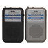 Kaito KA200 mini AM FM radios shown side by side in black and silver