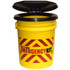 Yellow Emergency Kit bucket with red chevron stripes and black snap-on toilet seat lid