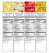 Nutrition facts labels for ReadyWise freeze dried apples, bananas, strawberries and peaches