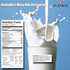 ReadyWise whey milk alternative nutrition facts label over a milk splash image