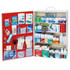 Industrial first aid cabinet with 4 shelves open, stocked with bandages, ointments, and burn dressings