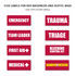 FLEX label options for red backpacks and duffel bags: Emergency, Trauma, Team Leader, Triage, First Aid, Medical