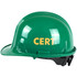 Side of the green Premium CERT hard hat with yellow CERT lettering