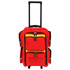 Front of the red Premium EP-FLEX4 rolling emergency backpack with reflective strips and label window