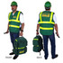 Man wearing green CERT safety vest and hard hat with matching emergency backpack, front and back views