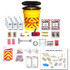 Contents of the Deluxe Bucket Emergency Kit for 2 people: yellow bucket, water pouches, food bars, masks, first aid kit