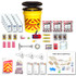 Contents of the Deluxe Bucket Emergency Kit for 3 people: yellow bucket, water pouches, food bars, masks, first aid kit