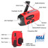 Hand crank solar emergency radio diagram labeling antenna, LED flashlight, NOAA dial and USB charging ports