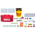 Contents of the 10 person office emergency kit: red duffel bag, water pouches, food bars, bucket toilet, caution tape