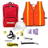 Contents of the Standard Floor Warden Emergency Kit: red backpack, safety vest, hard hat, goggles, caution tape