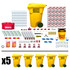 250 person office emergency kit contents with five wheeled containers of food bars, water and supplies
