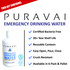 Puravai emergency drinking water canteen with feature list including 20 year shelf life and bacteria free