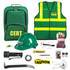 Standard CERT kit contents: CERT backpack, safety vest, hard hat, flashlight, gloves, goggles, pry bar and caution tape
