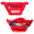 Red Emergency First Aid Kit 150 piece waist pack shown closed and open with bandages and supplies