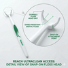 REACH Ultraclean Access Dentist Recommended Dental Flosser Starter Kit view of the while flosser handle and a zoomed view of the floss head and its features