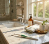 REACH Ultraclean Access Dentist Recommended Dental Flosser Starter Kit lying on a marble sink in a sunny bathroom