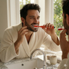 Lifestyle image of a man brushing his teeth with a lactona m39 true soft toothbrush