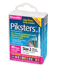 Piksters White Size 2 Interdental Brushes, 40-pack, fine 0.6mm dental brushes with ergonomic handles, displayed in original packaging for effective plaque removal and oral care. View of the package
