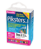 Piksters White Size 2 Interdental Brushes, 40-pack, fine 0.6mm dental brushes with ergonomic handles, displayed in original packaging for effective plaque removal and oral care. View of the package
