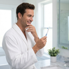 Lifestyle shot of a man in a robe holding a sulcus brush