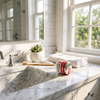 POH Classic Super Thin White 490 NoWax Dental Floss - 100 Yards - view of floss sitting on a marble sink in a sunny bathroom