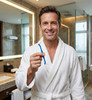 GUM Proxabrush Double Ended #605 Handle being held up by a smiling man in a bathroom