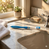 A lifestyle photo of the colgate wave gum comfort ultra soft toothbrush lying on a marble sink in a sunny bathroom