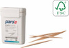 Paro SOLIDOX Wooden Dental Sticks – 96 Pack Double-Ended Interdental Cleaners Made from Sustainable Swiss Lindenwood – Flexible, Micro-Thin Triangular Toothpicks for Effective Plaque Removal, Gum Health, and Fresh Breath – Swiss-Made view of the box and a a few wooden sticks