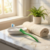 Oral-B indicator 35 toothbrush. a lifestyle photo of the toothbrush lying on a marble sink in a sunny bathroom