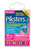 Piksters Pink Size 00 XXFine Interdental Brushes – 40 pack showing ultra-thin soft bristles attached to slim flexible wire and ergonomic handles, designed for precise cleaning of extra-narrow spaces between teeth, braces, and dental appliances. View of the package