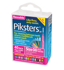 Piksters Pink Size 00 XXFine Interdental Brushes – 40 pack showing ultra-thin soft bristles attached to slim flexible wire and ergonomic handles, designed for precise cleaning of extra-narrow spaces between teeth, braces, and dental appliances. View of the package viewed from an angle