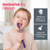 Edel+White Cleancurl 3D toothbrush view of a child brushing.  Inclusive by design. Made for ages 6+ and all abilities. Supports independent brushing.