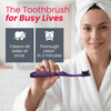 Edel+White Cleancurl 3D toothbrush view of women in a bathrobe holding the cleancurl toothbrush. The toothbrush for busy lives. Cleans all sides at once. Thorough clean in 2 minutes.