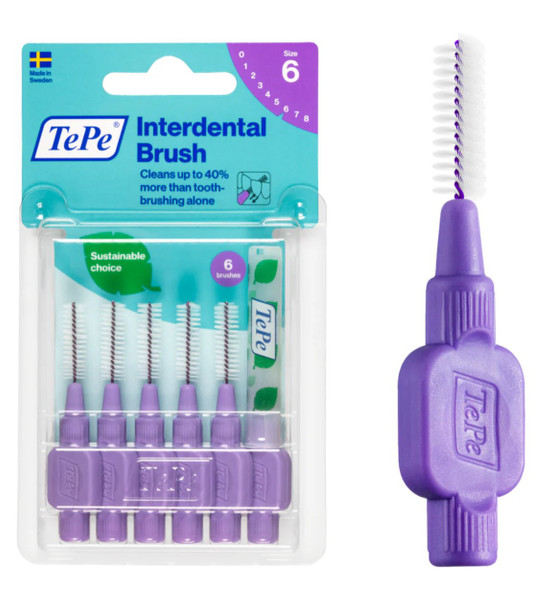 TePe Large 1.1mm Purple Interdental Brush photo of package and a single interdental brush
