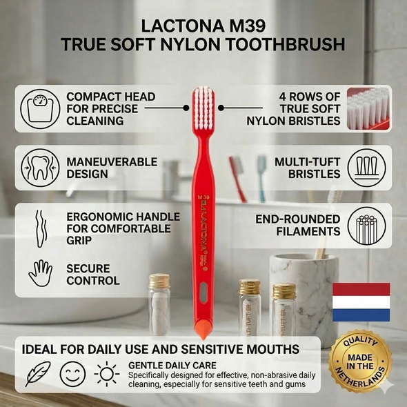 Lactona M39 Nylon True  Soft 4-Row Toothbrush view of toothbrush infographic of features