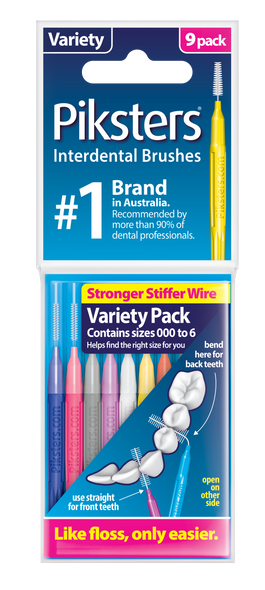 Piksters Variety Pack Interdental Brushes displayed in assorted sizes, featuring durable flexible wire and soft bristles, designed for effective cleaning between teeth, braces, implants, and dental appliances for comprehensive oral hygiene care. View of package.