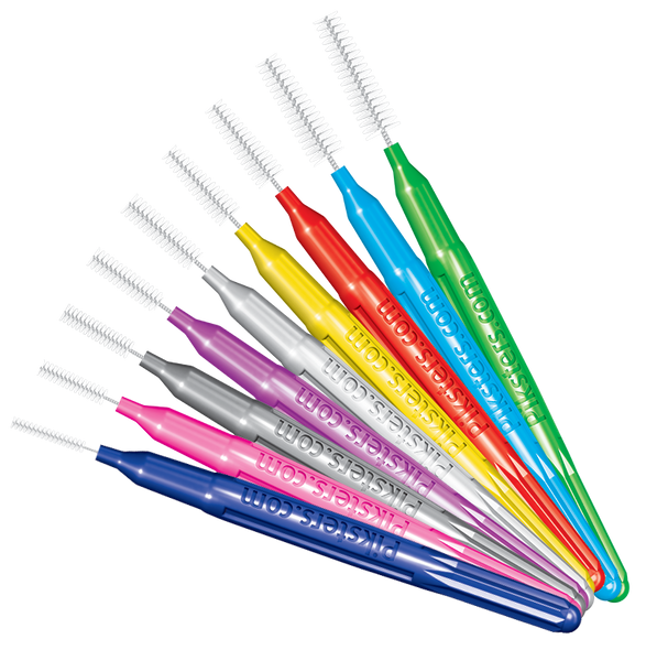 Pikster shows the complete line of interdental brushes in a fan layout.