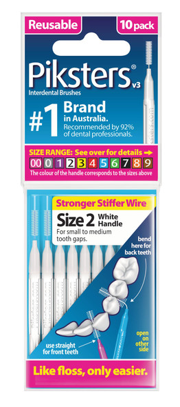Piksters White Size 2 Interdental Brushes, 10-pack, feature large-sized brushes with flexible wire and soft white bristles, designed for effective cleaning between wider tooth gaps, braces, implants, and dental appliances to promote healthy gums and plaque removal. View of the package.