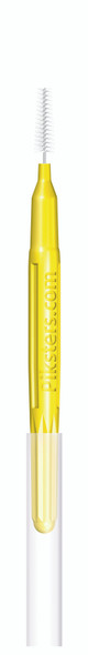Interdental brushes in yellow with size 3 bristles, arranged in a 10-pack, designed for cleaning between medium-sized teeth gaps, braces, and dental appliances. View of a single interdental brush