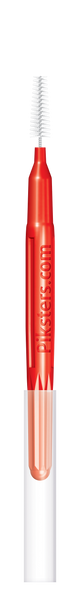 Piksters Red Size 4 interdental brushes are sold in a 10-pack, featuring large, flexible bristles designed to clean wider gaps between teeth, braces, bridges, and implants to promote gum health and remove plaque effectively. View of a single interdental brushes