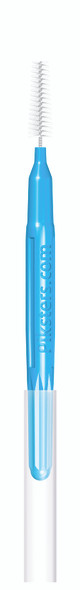 Blue Piksters Size 5 interdental brushes arranged in a row showing flexible bristles and ergonomic handles, packaged in a 10-count set for effective plaque removal and gum care. View of a package of a single interdental brush