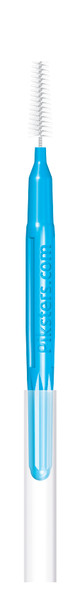 Blue Piksters Size 5 interdental brushes arranged in a row showing flexible bristles and ergonomic handles, packaged in a 10-count set for effective plaque removal and gum care. View of a package of a single interdental brush