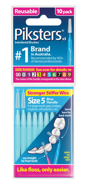 Blue Piksters Size 5 interdental brushes arranged in a row showing flexible bristles and ergonomic handles, packaged in a 10-count set for effective plaque removal and gum care. View of the package of Piksters.