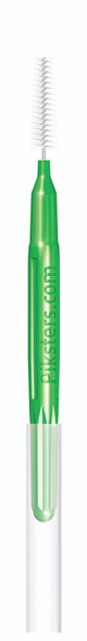 Photo of a Piksters Green Size 6 interdental brush 10-pack, displaying several green-handled brushes with bristled tips, neatly arranged in a clear plastic case with product branding visible. View of a single interdental brush
