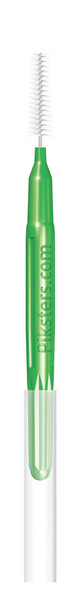 Photo of a Piksters Green Size 6 interdental brush 10-pack, displaying several green-handled brushes with bristled tips, neatly arranged in a clear plastic case with product branding visible. View of a single interdental brush