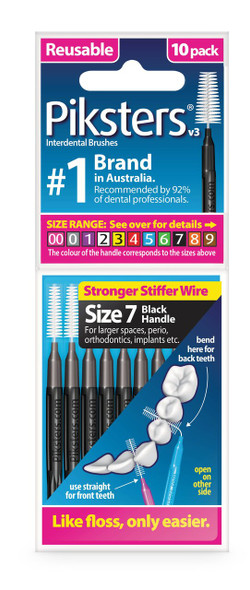 Interdental brushes in black with size 7 bristles, arranged in a 10-pack, designed for cleaning between medium-sized tooth gaps, braces, and dental appliances. View of the package.
